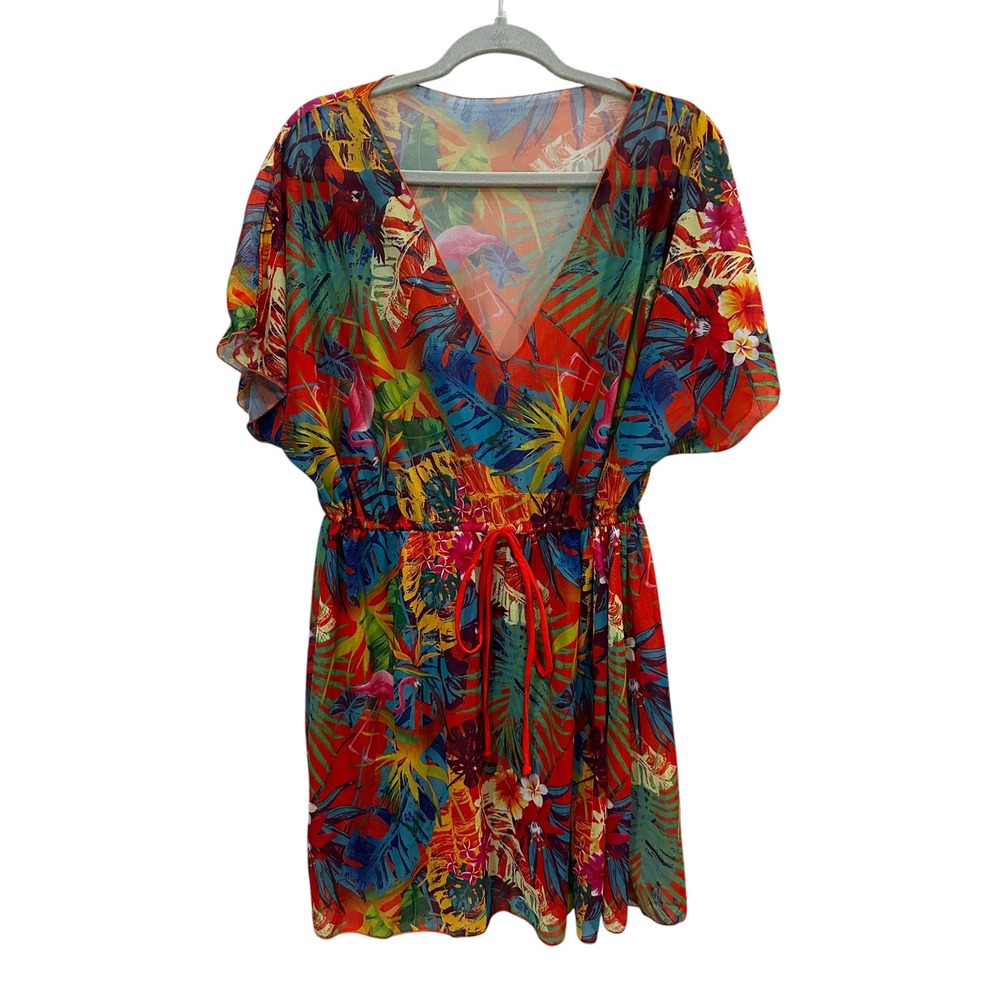 Tropical Flamingo Floral Swim Cover Up Dress V-Neck Drawstring Waist Multicolor